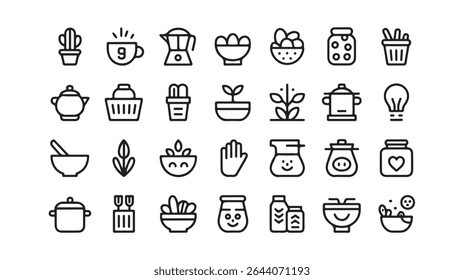 Set of black and white food and nature icons