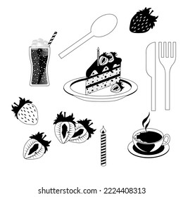 Set With Black And White Food Symbol. Collection With Birthday Cake, Candle, Cup Of Coffee With Steam, Slice Strawberry, Fork, Knife, Spoon And Glass Of Soda.