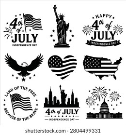 Set of black and white fourth of july independence day icons and emblems isolated on white backgroun