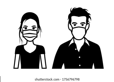 Set of black and white front view vector icons of a man and a woman wearing protective face mask - covid-19 safety measures, restriction, covering face to prevent spread of the virus