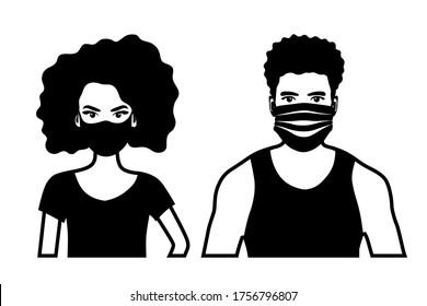 Set of black and white front view vector icons of an african american man and a woman  wearing protective face mask - covid-19 safety measures, covering face to prevent spread of the virus