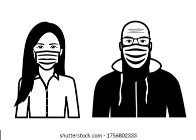 Set of black and white front view vector icons of a bearded man and an asian woman wearing protective face mask - covid-19 safety measures, covering face to prevent spread of the virus