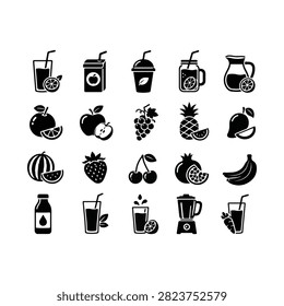 A set of black and white fruit and beverage icons featuring juices, smoothies, fresh fruits, and refreshing drinks in a flat silhouette style.
