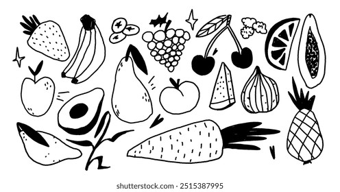 Set of black and white fruits elements. Marker or pen texture. Trendy jagged illustrations. Childish naive tattoo. Vector scribble hand drawn icons