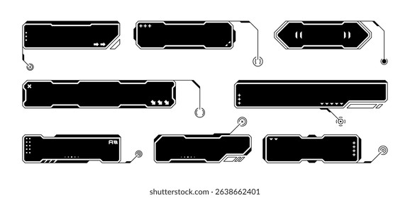 Set of black and white futuristic display elements. Hud vector graphics. Digital callout title boxes or labels for virtual reality. Vector graphics.