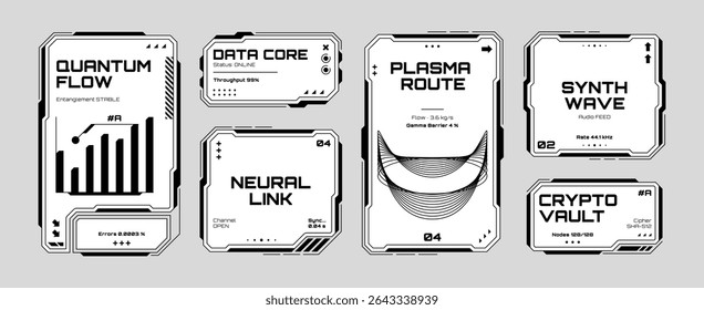 Set of black and white futuristic hud elements. Quantum flow and data core concept. User interface design for technology.