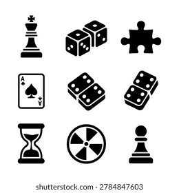 Set of black and white game icons on white background with background, dominoes