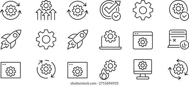Set of black and white gear with various actions and symbols