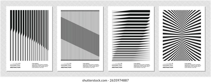 Conjunto de carteles abstractos geométricos en blanco y negro con patrones ópticos lineales.
