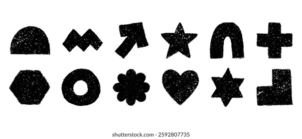Set of black and white geometric figures in hand drawn sketch style. Silhouettes of chalk pencil or crayon textured shapes. Vector graphic elements isolated on a white background.