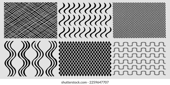 Satz geometrischer Schwarzweißmuster. Einfach wiederholbare Hintergründe.