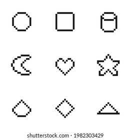 Set of black and white geometric shape pixel art collection, vector illustration
