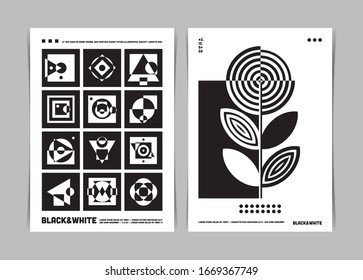Conjunto de plantillas de volantes creativos de formas geométricas en blanco y negro. Ilustración vectorial.