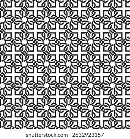 Satz von geometrischen Schwarz-Weiß-Formen, sich wiederholenden Kreuzen und anderen geometrischen Formen, miteinander verbundenen Elementen, endlosen Knotenmuster, komplexe gitterartige Struktur. 