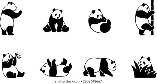 Set of black and white giant panda illustrations in various poses with wildlife