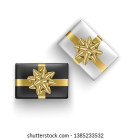 Set of Black and white gift boxes with realistic gold ribbon, Top view. Birthday or anniversary present, Holiday decoration element. Vector Eps 10 illustration.