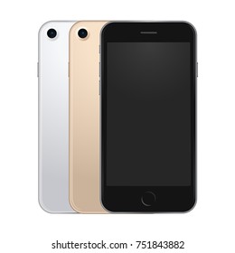 Set of black, white and gold mobile phone template with blank screens, front and backside view. Vector smartphone  mockup isolated on white background.