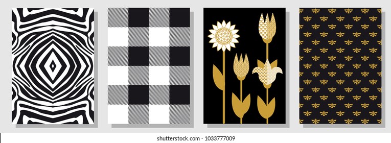 Set of black, white and golden A4 covers. Checkered pattern, background with lilies, abstract flowers and zebra print. Template for cards, banners, posters. New minimalism design.