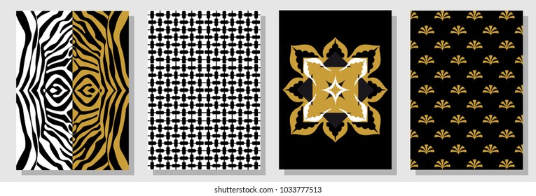 Set of black, white and golden A4 covers. Checkered pattern, background with lilies, arabesque and zebra print. Template for cards, banners, posters. New minimalism design.