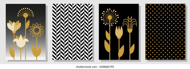 Set of black, white and golden A4 covers. Chevron pattern, background with geometric elements, abstract spring flowers. Template for cards, banners, posters. New minimalism design.