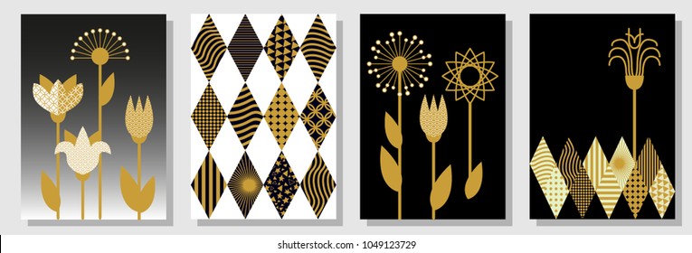 Set of black, white and golden A4 covers. Rhombus pattern, background with geometric elements, abstract spring flowers. Template for cards, banners, posters. New minimalism design.