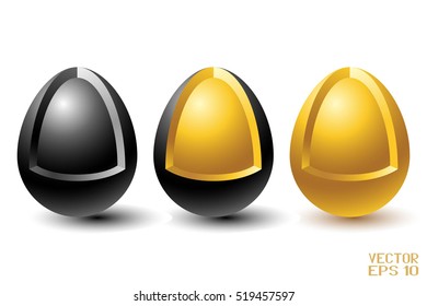 Set of Black and White and Golden Eggs with Shadow. Vector. 3D Illustration