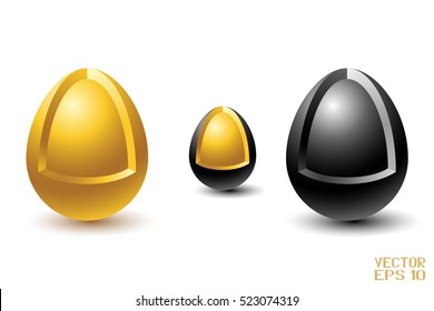 Set of Black and White and Golden Eggs with Shadow. Vector. 3D Illustration