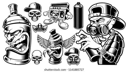 Set of black and white graffiti characters and design elements, logos, stickers on the white background.