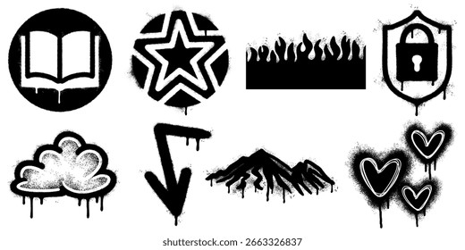Conjunto de iconos de plantilla de graffiti en blanco y negro con una estrella, corazones, arco iris, llama, símbolo de poder, montañas, bomba y corona.