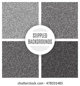 Set of black and white grainy dotwork textures. Retro halftone stippled backgrounds.