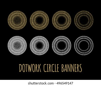 Set of black and white grainy dotwork circle elements. Retro halftone stippled backgrounds.