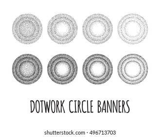 Set of black and white grainy dotwork circle elements. Retro halftone stippled backgrounds.