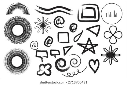 Un conjunto de Elementos de Diseño gráfico en blanco y negro, incluyendo Formas, símbolos e íconos sobre un fondo blanco