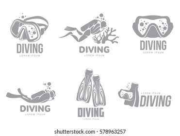 Set of black and white graphic diving logo templates with divers, mask, flippers, vector illustration isolated on white background. Graphic scuba diving, snorkeling logotype, logo design