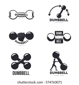 Set of black and white graphic dumbbell logo templates, vector illustration isolated on white background. Stylized graphic dumbbell logotype, logo design for sport companies, fitness clubs