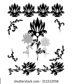 set of black and white graphic floral elements, borders