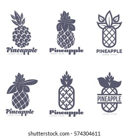 Set of black and white graphic pineapple logo templates, vector illustration isolated on white background. Stylized graphic pineapple logotype, logo design