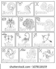 Set of black and white graphic signs of the Zodiac. Aries, Taurus, Gemini, Cancer, Leo, Virgo, Libra, Scorpio, Sagittarius, Capricorn, Aquarius, Pisces. Vector illustration. Eps 10