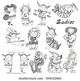 Set of black and white graphic signs of the Zodiac. Coloring for children with signs of the zodiac. Vector illustration