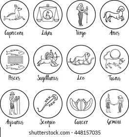 Set of black and white graphic signs of the Zodiac.Hand drawn Hand drawn set of zodiac signs astrology and horoscope icon. Symbols of Ancient Egypt. Suitable for tattoo and colorings.