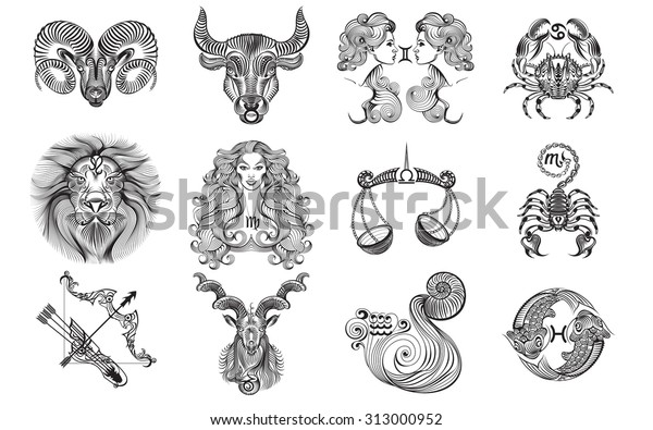 Set of\
black and white graphic signs of the\
Zodiac