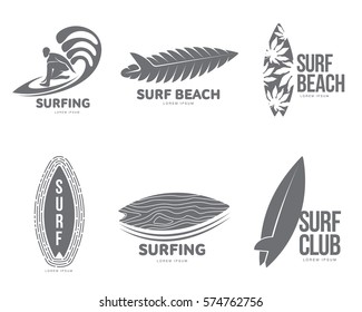 Set of black and white graphic surfing logo templates with surfer and surfboard, vector illustration isolated on white background. Graphic surfing board logotype, logo design