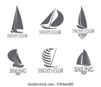 Set of black and white graphic yacht club, sailing sport logo templates, vector illustration isolated on white background. Graphic yacht, sail boat logotype, logo design