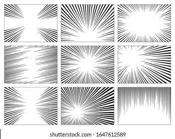 Conjunto de líneas radiales en blanco y negro, gris y fondo de estilo de cómics. Acción manga, abstracto rápido. Ilustración vectorial. Aislado sobre fondo blanco
