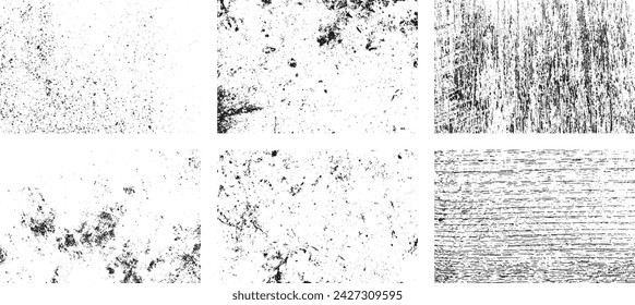 Set von Schwarz-Weiß-Grunge. Textur der Notüberlagerung. Oberflächenstaub und raues schmutziges Wand-Hintergrundkonzept. Notdarstellung einfach über Objekt platzieren, um Grunge-Effekt zu erzeugen. Vektor EPS10.
