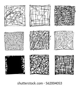 Set of black and white grungy rough square backdrops. Artistic grungy squares