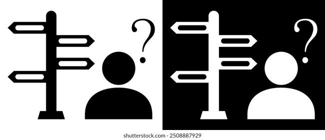 Conjunto de ícones planos de decisões de guia preto e branco. Ilustração vetorial isolada no plano de fundo preto e branco.