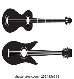 Set of black and white guitars silhouettes. Acoustic and electric guitar outline musical instruments vector isolated on white background.  Full view of ukulele. Guitar fretboard, bass guitar