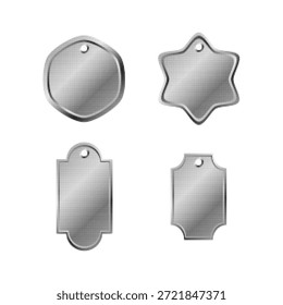 Set schwarz-weißer Halfton-Anhänger in verschiedenen Formen mit gepunkteter Textur. Vintage-Blanko-Etiketten einzeln auf Weiß, ideal für Branding, Verpackung, Preisgestaltung, Einzelhandel und redaktionelles Design.