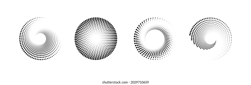 Set of black and white halftone radial patterns. Dotty vector circles and swirls.